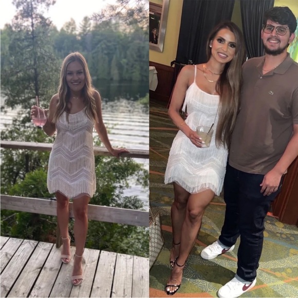 White and Beige Sequin Fringe Flapper Mini Dress 🌿 - Picture 6 of 16